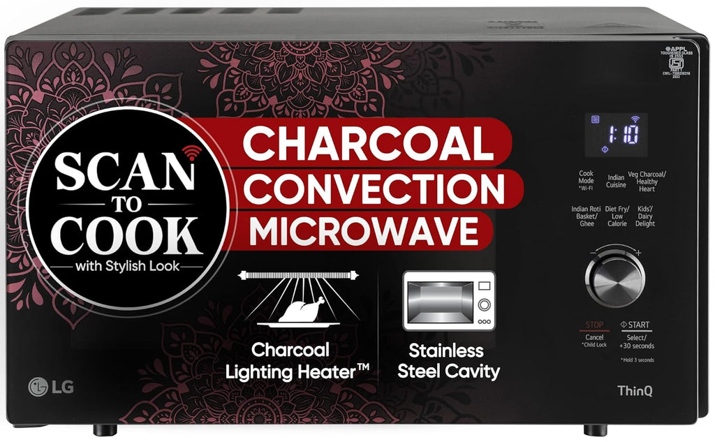 LG MJEN286VIW 28 L Charcoal Convection Microwave Oven | Wi-Fi Enabled | Scan to Cook | 360° Motorised Rotisserie | Heart-Friendly Recipes | Stainless Steel Cavity | Black
