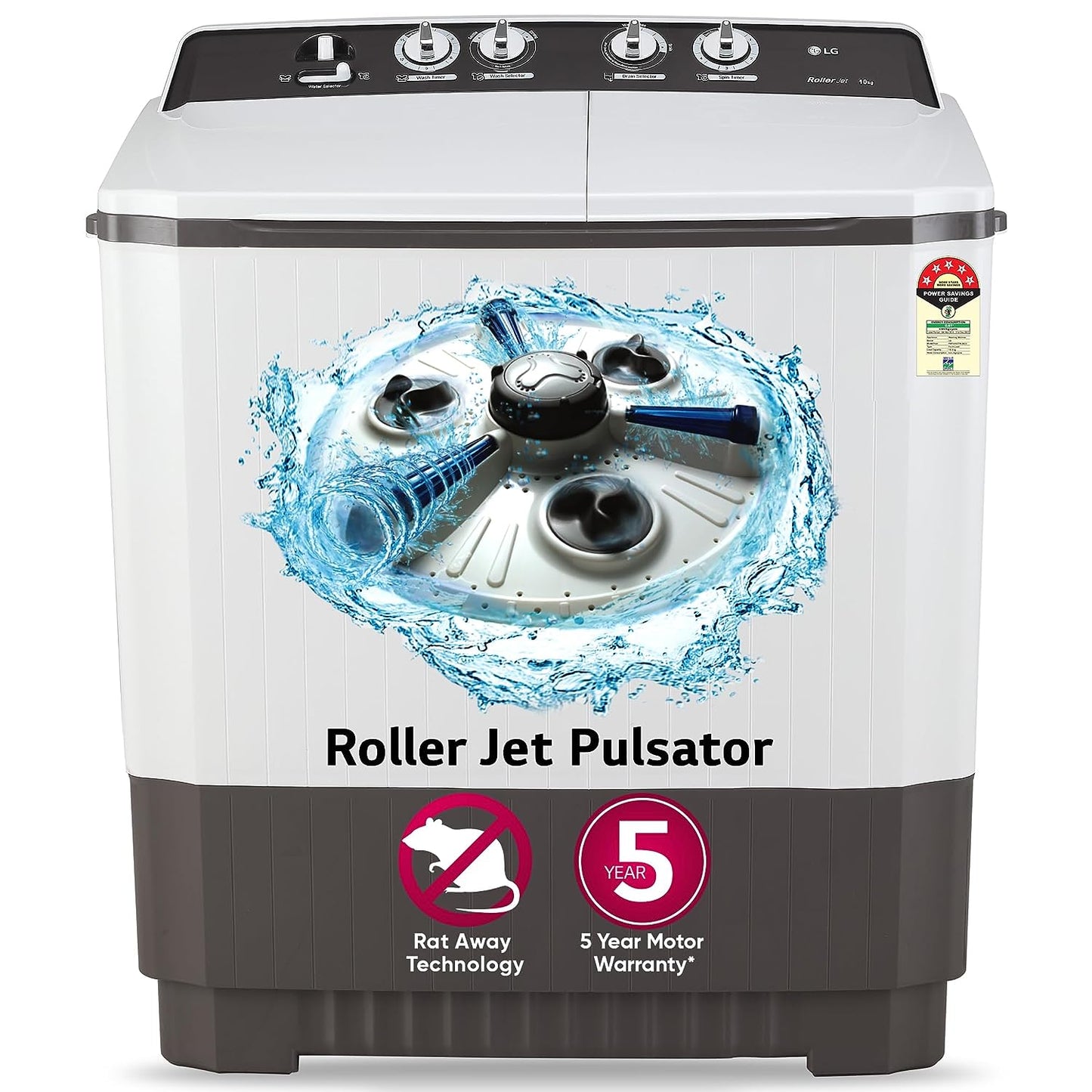 LG P1040RGAZ 10 Kg 5 Star Semi-Automatic Top Load Washing Machine with Roller Jet Pulsator, Collar Scrubber & Rat Away Technology – Dark Gray