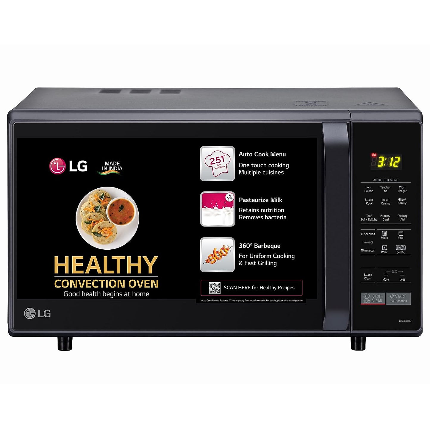 LG MC2846BG 28 L Convection Microwave Oven | 251 Auto Cook Menus | Quartz Heater | Health Plus Menu | Stainless Steel Cavity | Black