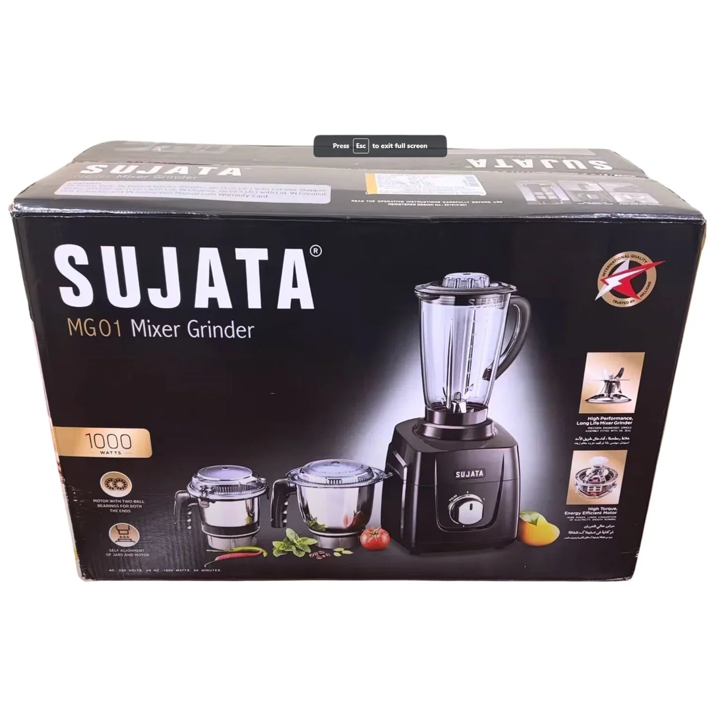 Sujata MG-01 1000W Mixer Grinder with 3 Jars, 90 Mins Continuous Operation, 22,000 RPM & Double Ball Bearing Motor – Black | Suraj Electronics