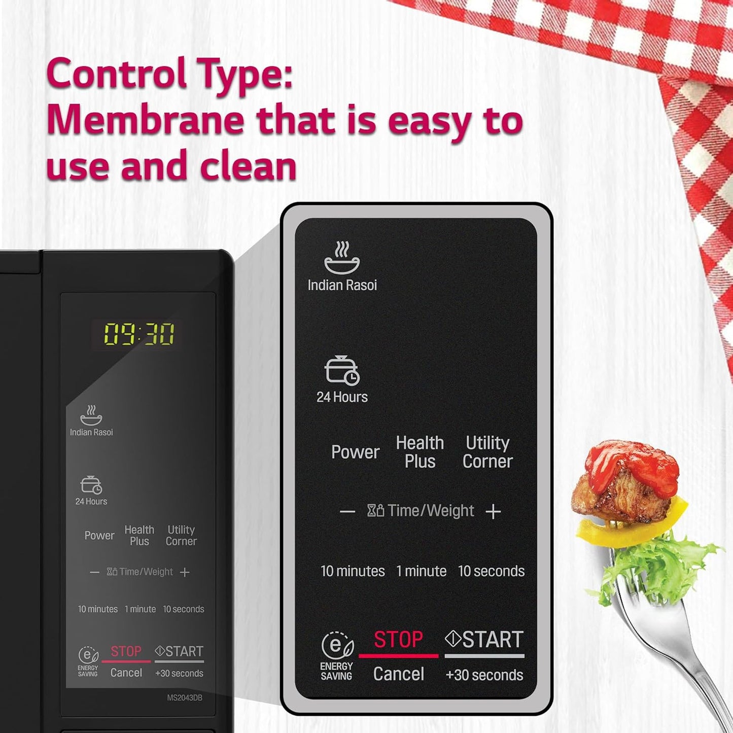LG MS2043DB 20L Solo Microwave Oven | 44 Auto Cook Menus, Touch Keypad, Child Lock, Ceramic Cavity – Black | Suraj Electronics