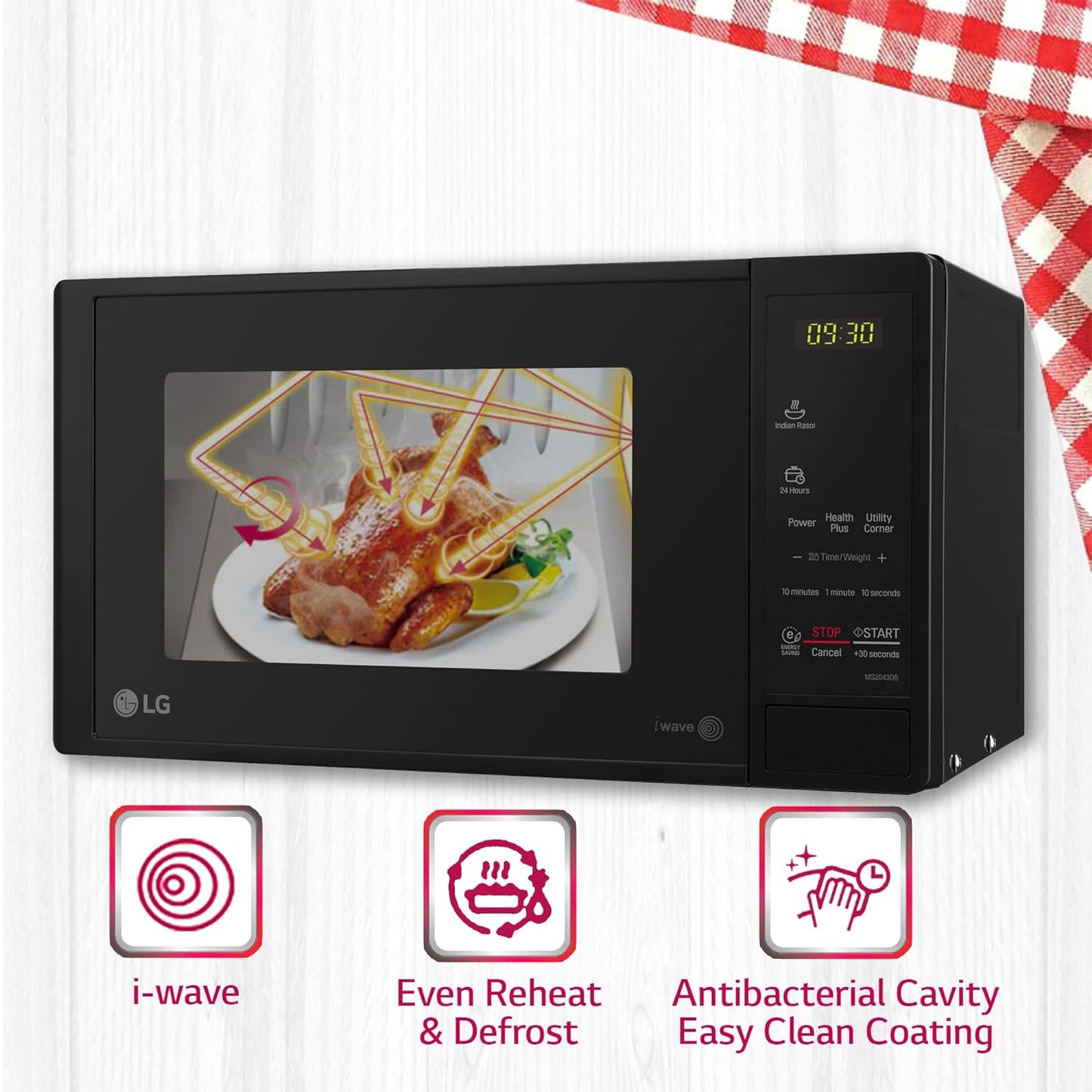 LG MS2043DB 20L Solo Microwave Oven | 44 Auto Cook Menus, Touch Keypad, Child Lock, Ceramic Cavity – Black | Suraj Electronics