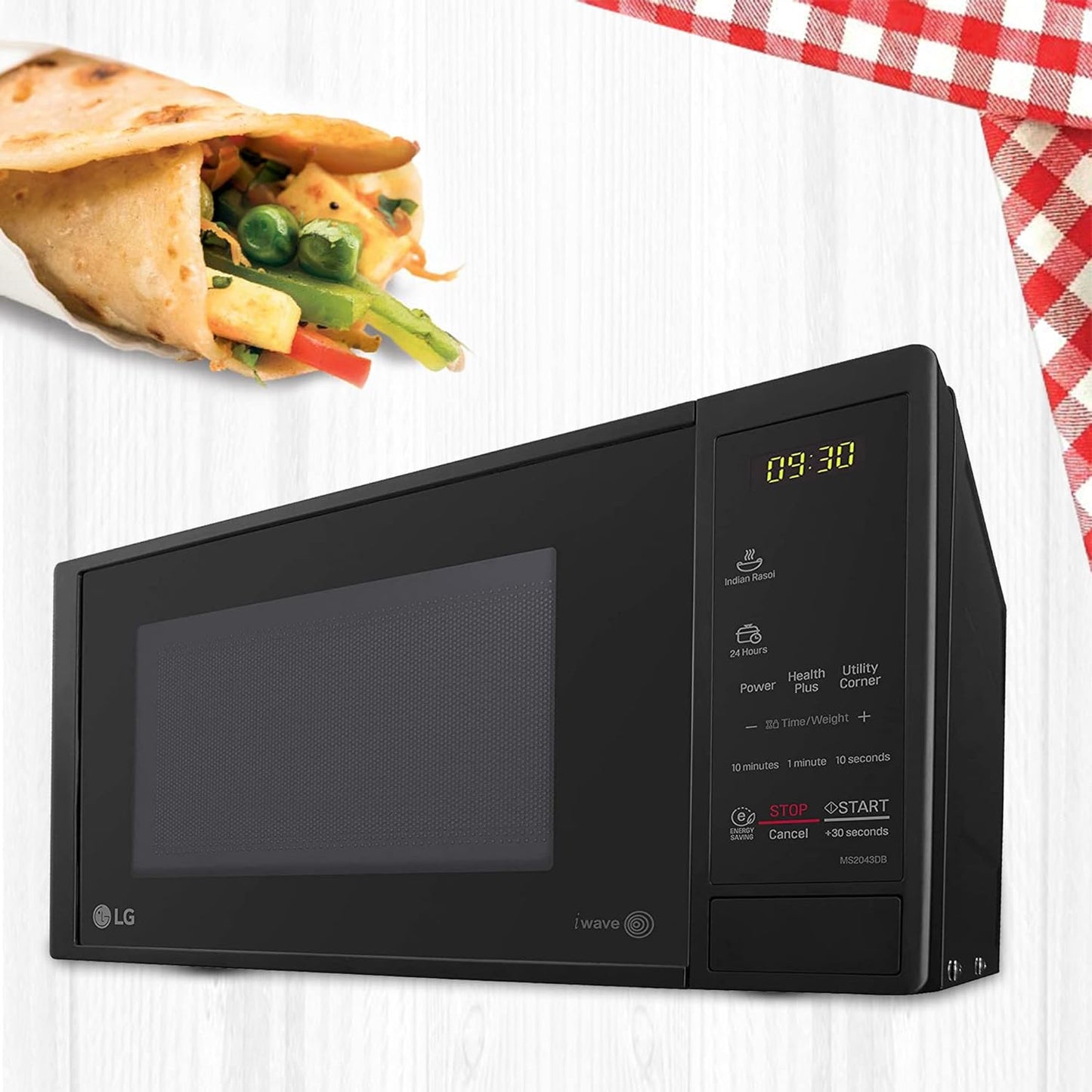 LG MS2043DB 20L Solo Microwave Oven | 44 Auto Cook Menus, Touch Keypad, Child Lock, Ceramic Cavity – Black | Suraj Electronics