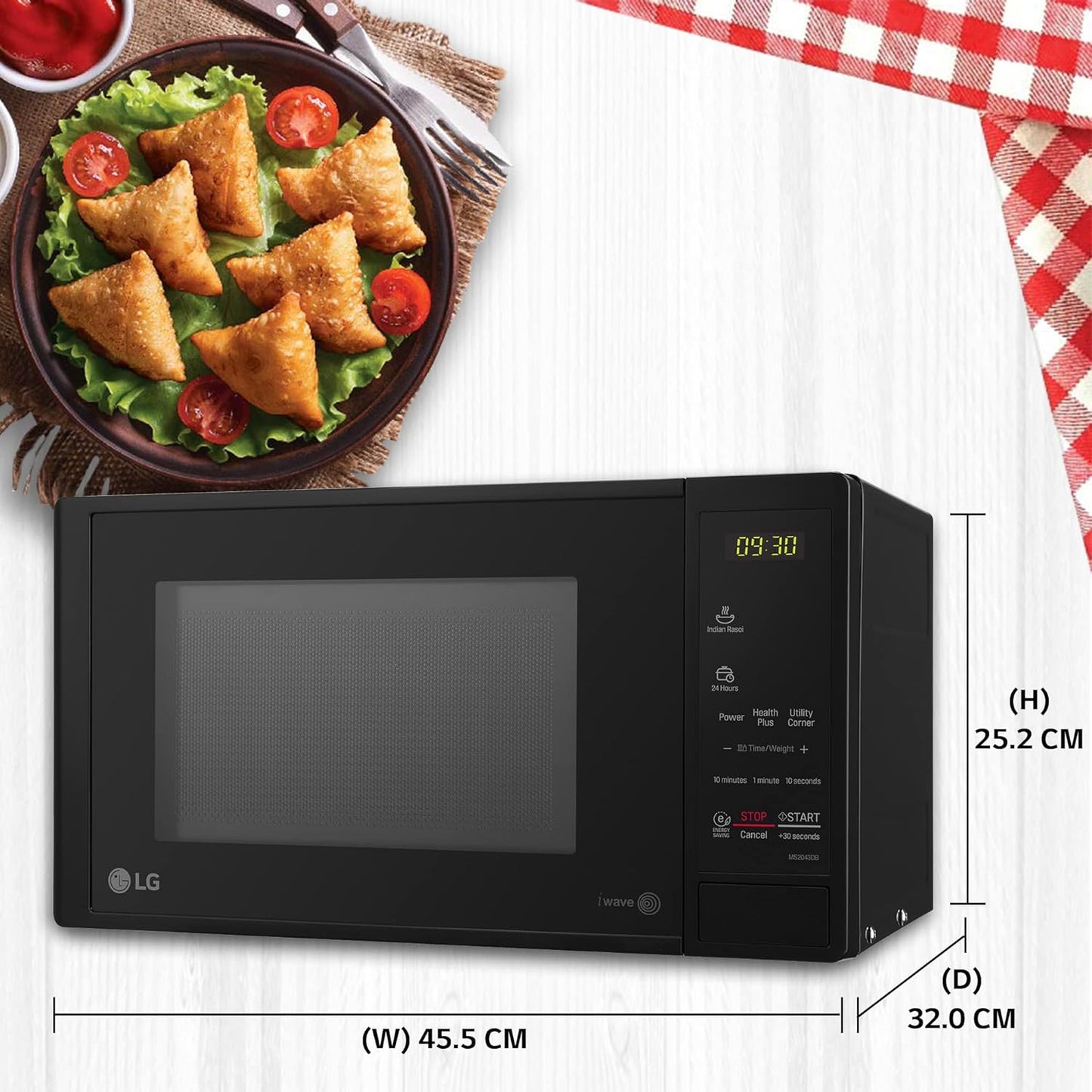 LG MS2043DB 20L Solo Microwave Oven | 44 Auto Cook Menus, Touch Keypad, Child Lock, Ceramic Cavity – Black | Suraj Electronics
