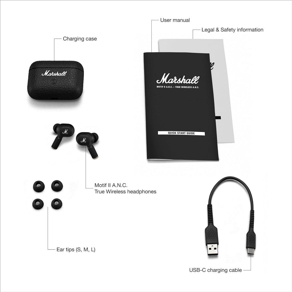 Marshall Motif II A.N.C. True Wireless Bluetooth Earbuds with Active Noise Cancellation, 30H Playtime, App Control & Eco-Friendly Design – Black