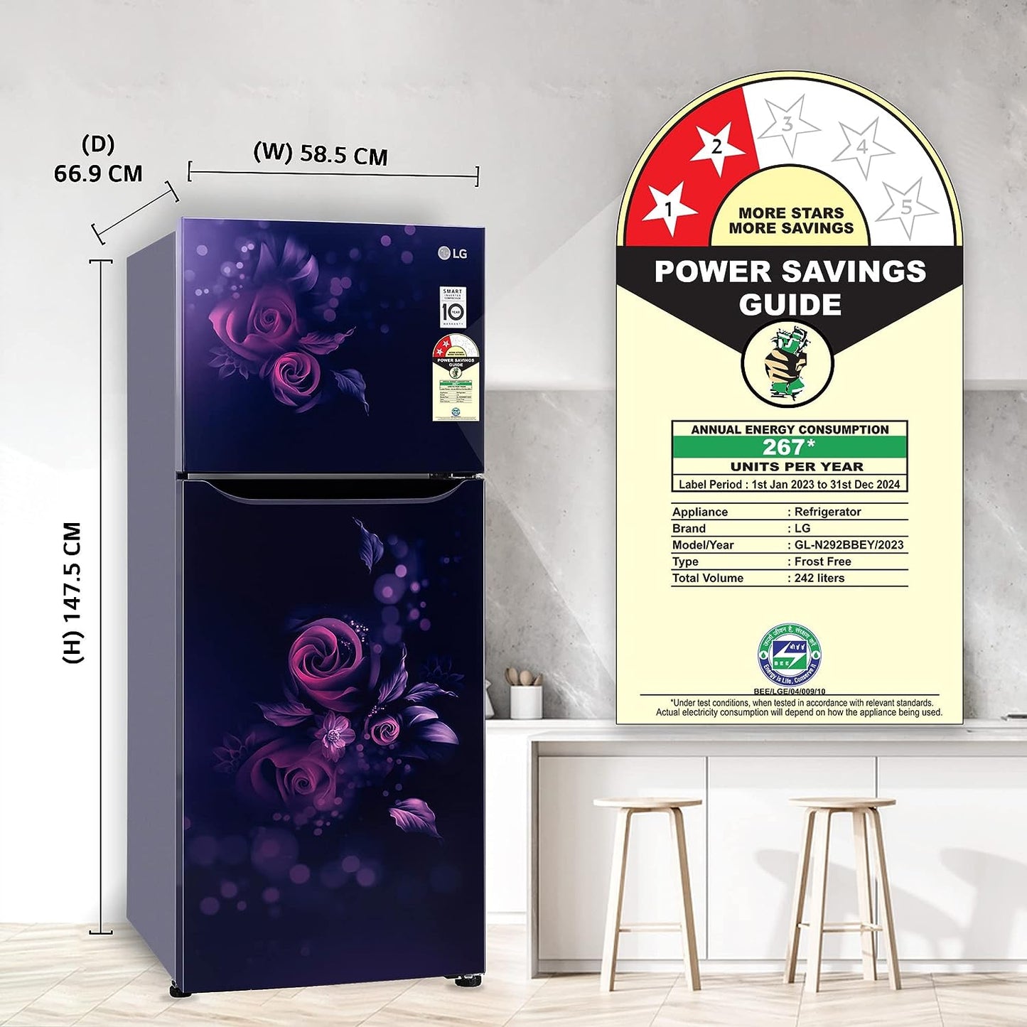 LG GL-N292BBEY 242 L 2 Star Smart Inverter Frost-Free Double Door Refrigerator ( Blue Euphoria, Smart Connect)