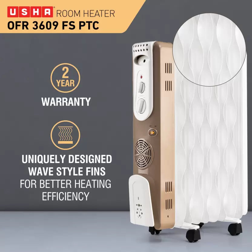USHA OFR 3609 FS PTC 2000W Oil Filled Room Heater – 9 Fins, Adjustable Thermostat, Overheat & Tip-Over Protection
