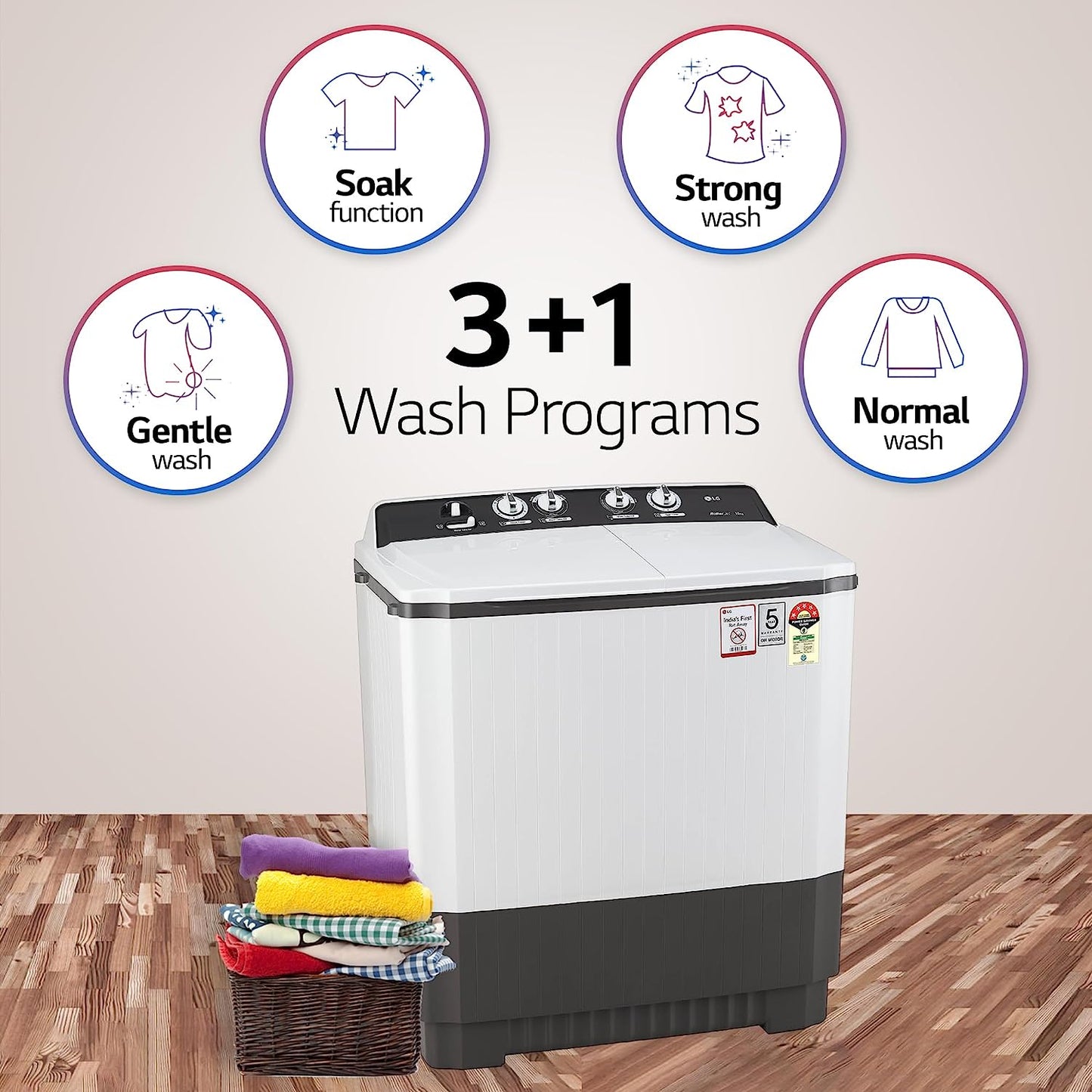 LG P1040RGAZ 10 Kg 5 Star Semi-Automatic Top Load Washing Machine with Roller Jet Pulsator, Collar Scrubber & Rat Away Technology – Dark Gray