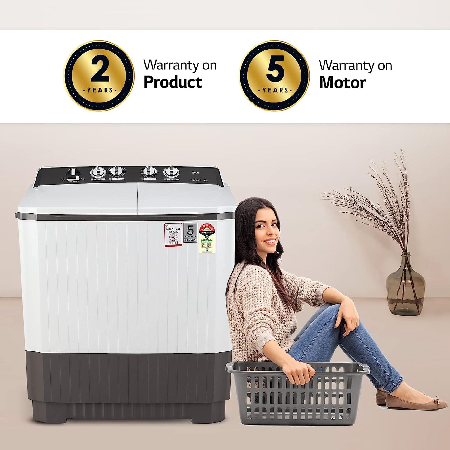 LG P1040RGAZ 10 Kg 5 Star Semi-Automatic Top Load Washing Machine with Roller Jet Pulsator, Collar Scrubber & Rat Away Technology – Dark Gray