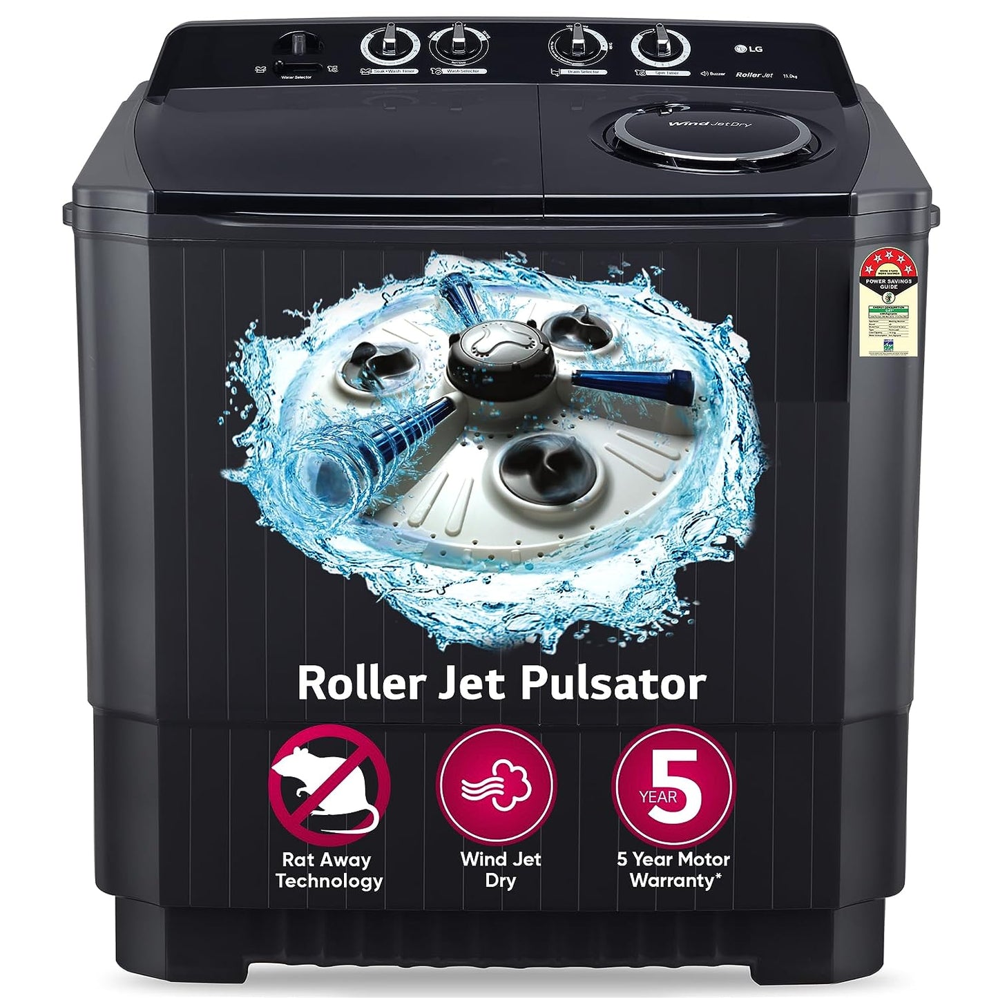 LG P115ASKAZ 11.5 Kg 5 Star Wind Jet Dry Rat Away Technology Semi-Automatic Top Loading Washing Machine ( Roller Jet Pulsator, Punch + 3, Middle Black)