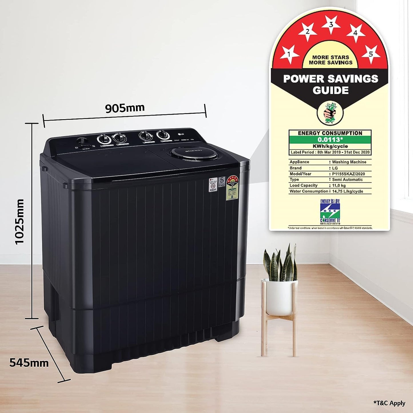 LG P115ASKAZ 11.5 Kg 5 Star Wind Jet Dry Rat Away Technology Semi-Automatic Top Loading Washing Machine ( Roller Jet Pulsator, Punch + 3, Middle Black)