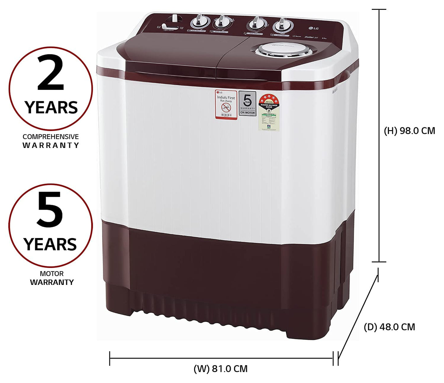 LG P8035SRAZA 8 Kg 5 Star Semi-Automatic Top Load Washing Machine with Roller Jet Pulsator, Wind Jet Dry & Collar Scrubber – White (2025 Model)