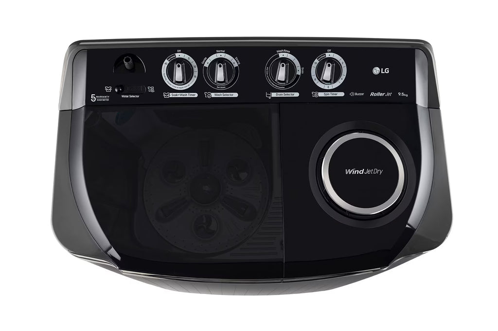 LG P9555SKAZ 9.5Kg, Semi Automatic Top Load Washing Machine, , Roller Jet Pulsator + Soak, Rat Away, Middle Black)