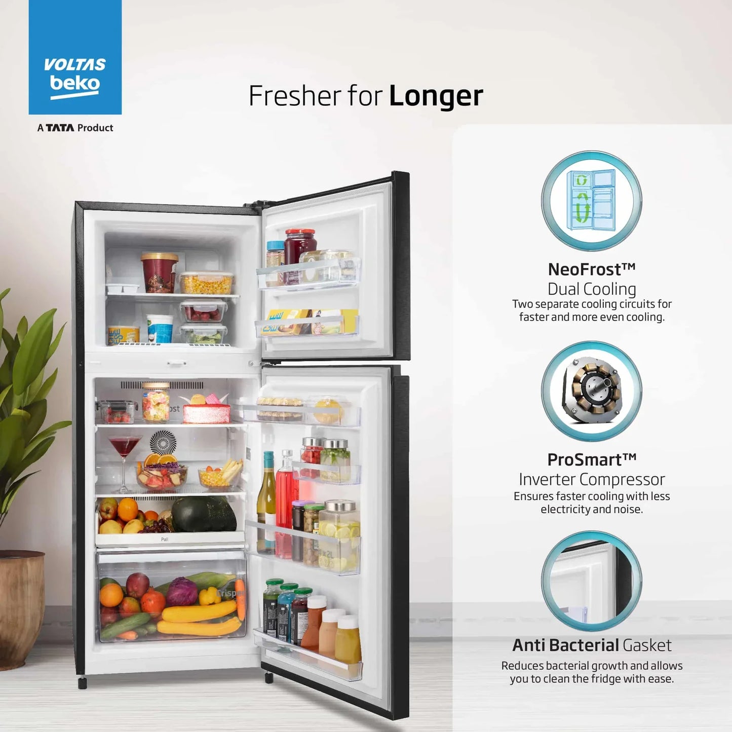 Voltas Beko RFF295C/WPXBR0I0000GD 250 L 3 Star Frost Free Double Door Refrigerator | NeoFrost Dual Cooling | ProSmart Inverter Compressor | Wooden Black | Suraj Electronics