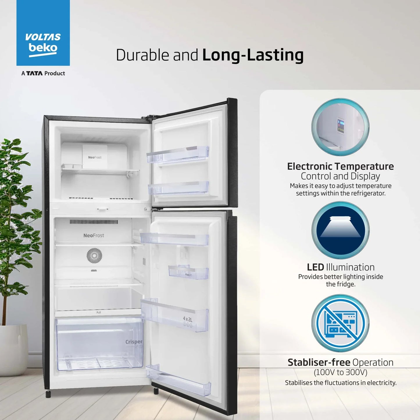 Voltas Beko RFF295C/WPXBR0I0000GD 250 L 3 Star Frost Free Double Door Refrigerator | NeoFrost Dual Cooling | ProSmart Inverter Compressor | Wooden Black | Suraj Electronics