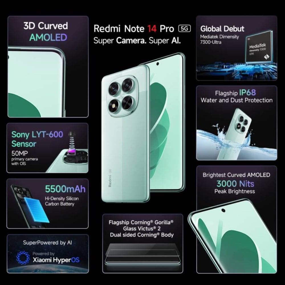 Redmi Note 14 Pro 5G 128 GB, 8 GB RAM, Green, Mobile Phone