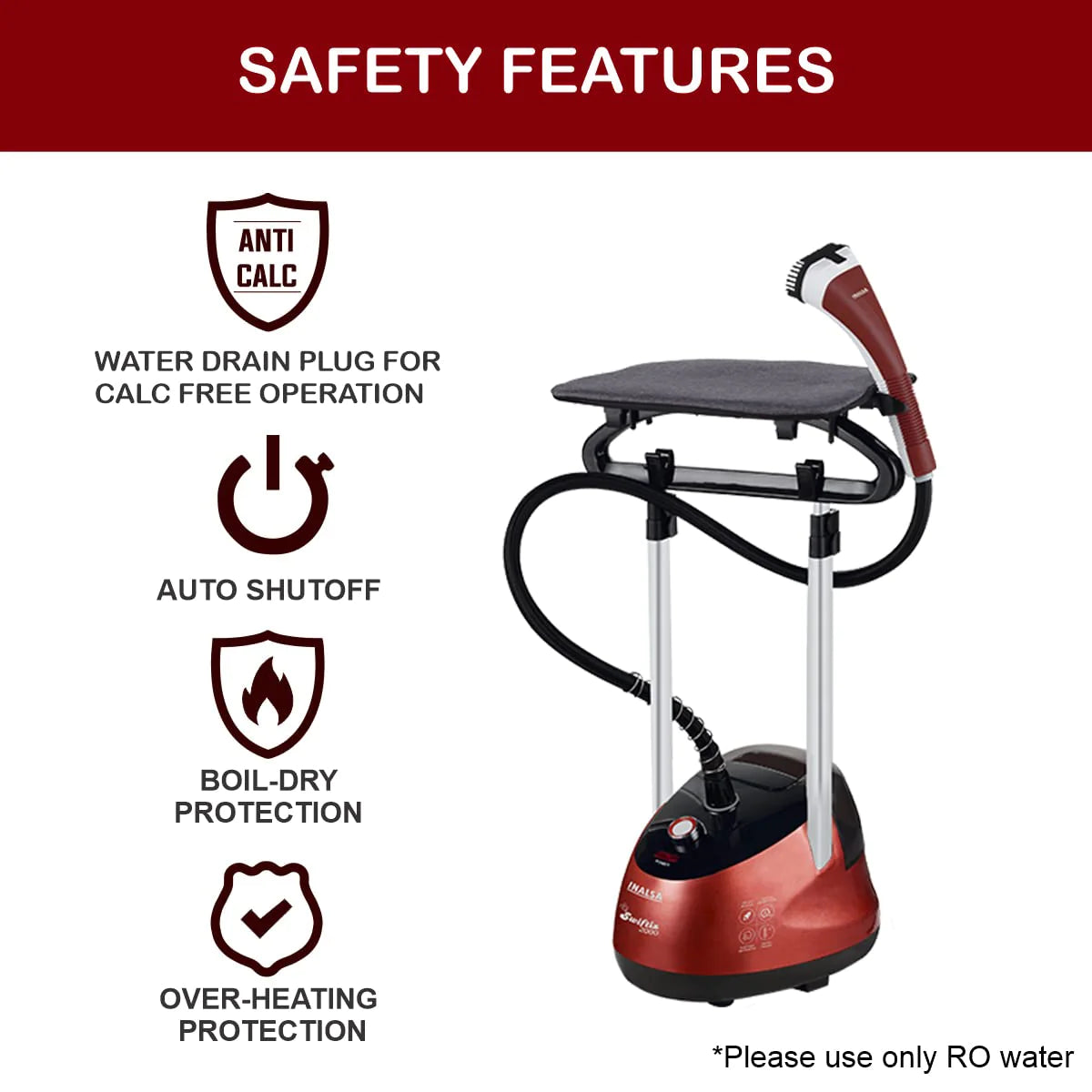 INALSA Standing Garment Steamer 2000 W|Double Pole With 90° & 180° Adjustable Ironing Board |Adjustable Pole Height|2.2 L Water Tank|45 Sec Heat Up Time|32g/min Steam Output |2 Y Warranty,Swiftix 2000