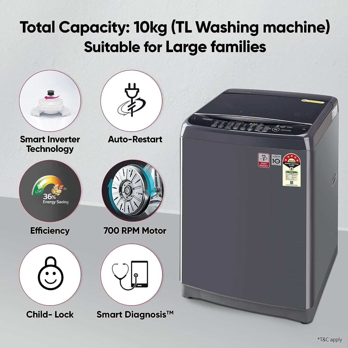 LG T10SJMB1Z 10 Kg 5 Star Inverter TurboDrum Fully Automatic Top Loading Washing Machine ( Jet Spray+, Smart Closing Door, Middle Black)