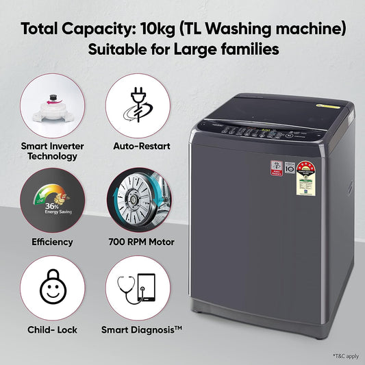 LG T10SJMB1Z 10 Kg 5 Star Inverter TurboDrum Fully Automatic Top Loading Washing Machine ( Jet Spray+, Smart Closing Door, Middle Black)