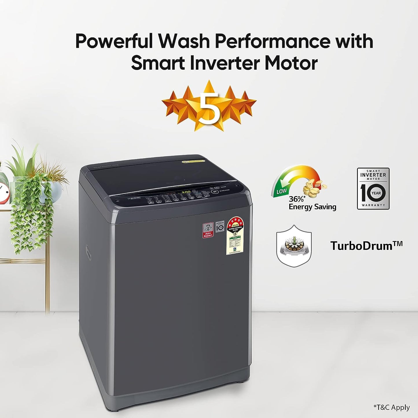 LG T10SJMB1Z 10 Kg 5 Star Inverter TurboDrum Fully Automatic Top Loading Washing Machine ( Jet Spray+, Smart Closing Door, Middle Black)