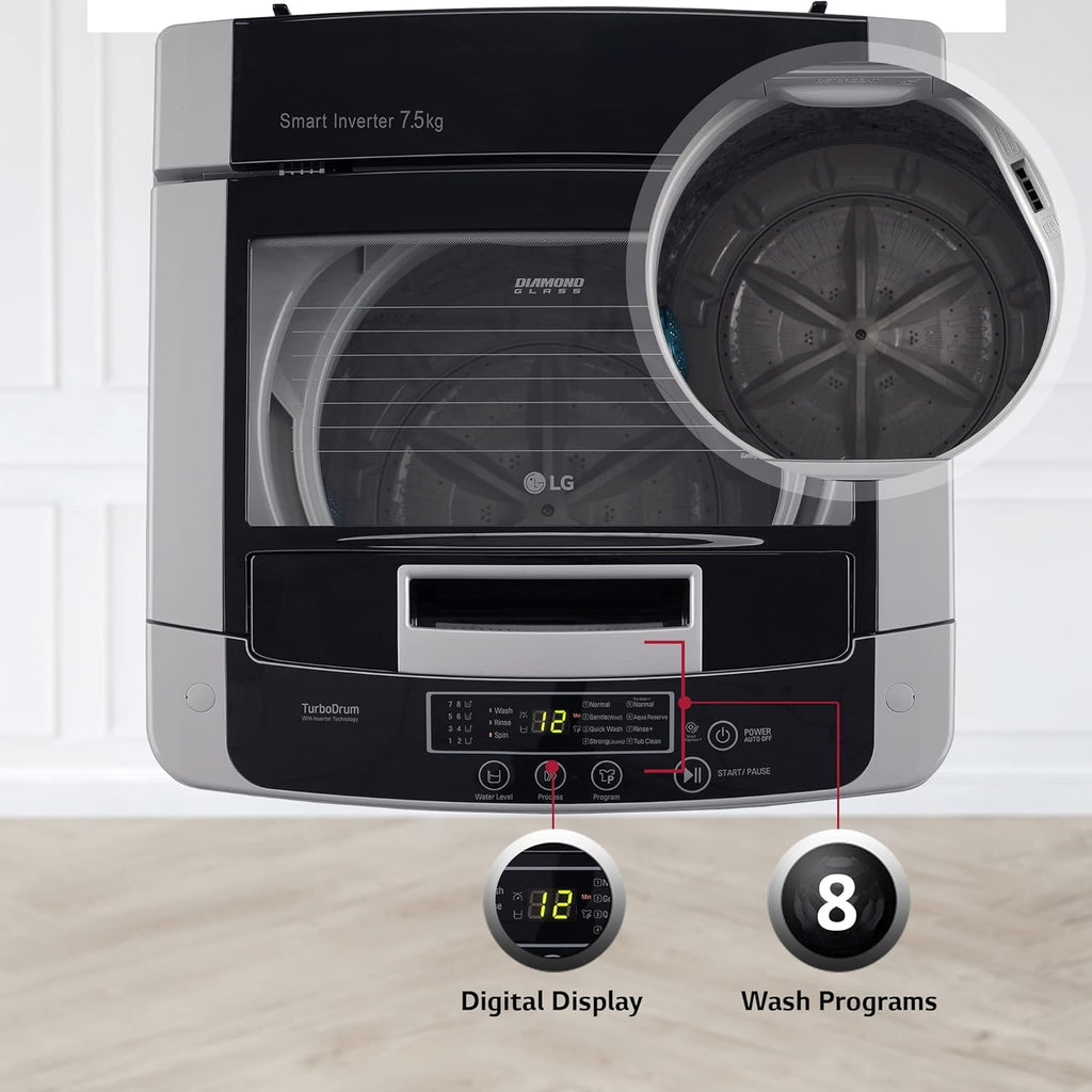 LG T75SKSF1Z 7.5 Kg 5 Star Smart Inverter Top Load Washing Machine with TurboDrum & Smart Motion – Middle Free Silver