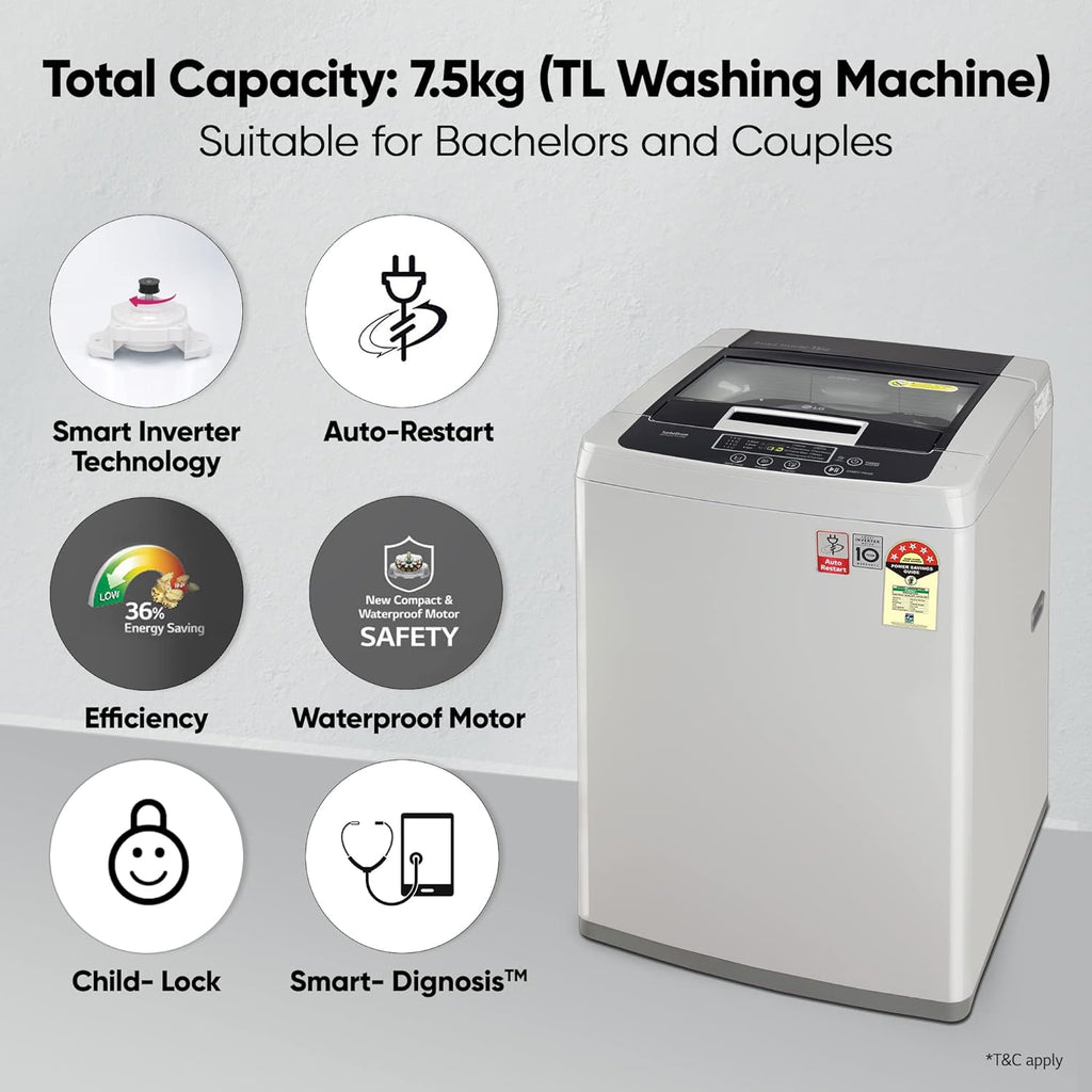 LG T75SKSF1Z 7.5 Kg 5 Star Smart Inverter Top Load Washing Machine with TurboDrum & Smart Motion – Middle Free Silver