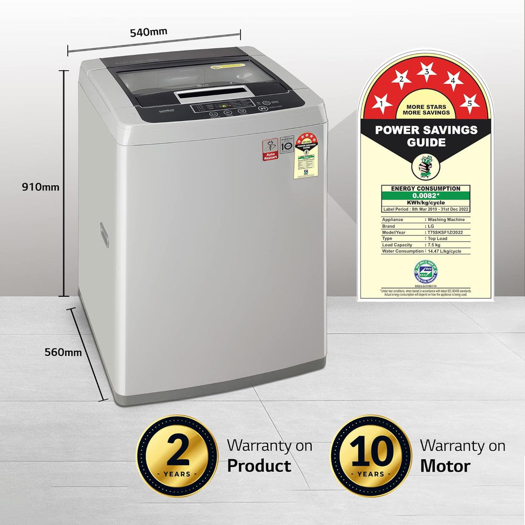 LG T75SKSF1Z 7.5 Kg 5 Star Smart Inverter Top Load Washing Machine with TurboDrum & Smart Motion – Middle Free Silver