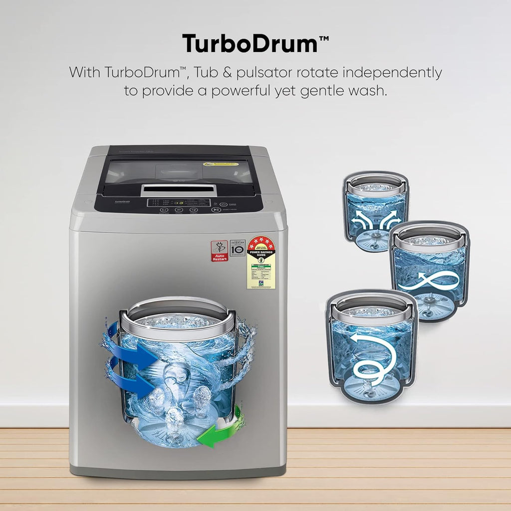 LG T75SKSF1Z 7.5 Kg 5 Star Smart Inverter Top Load Washing Machine with TurboDrum & Smart Motion – Middle Free Silver