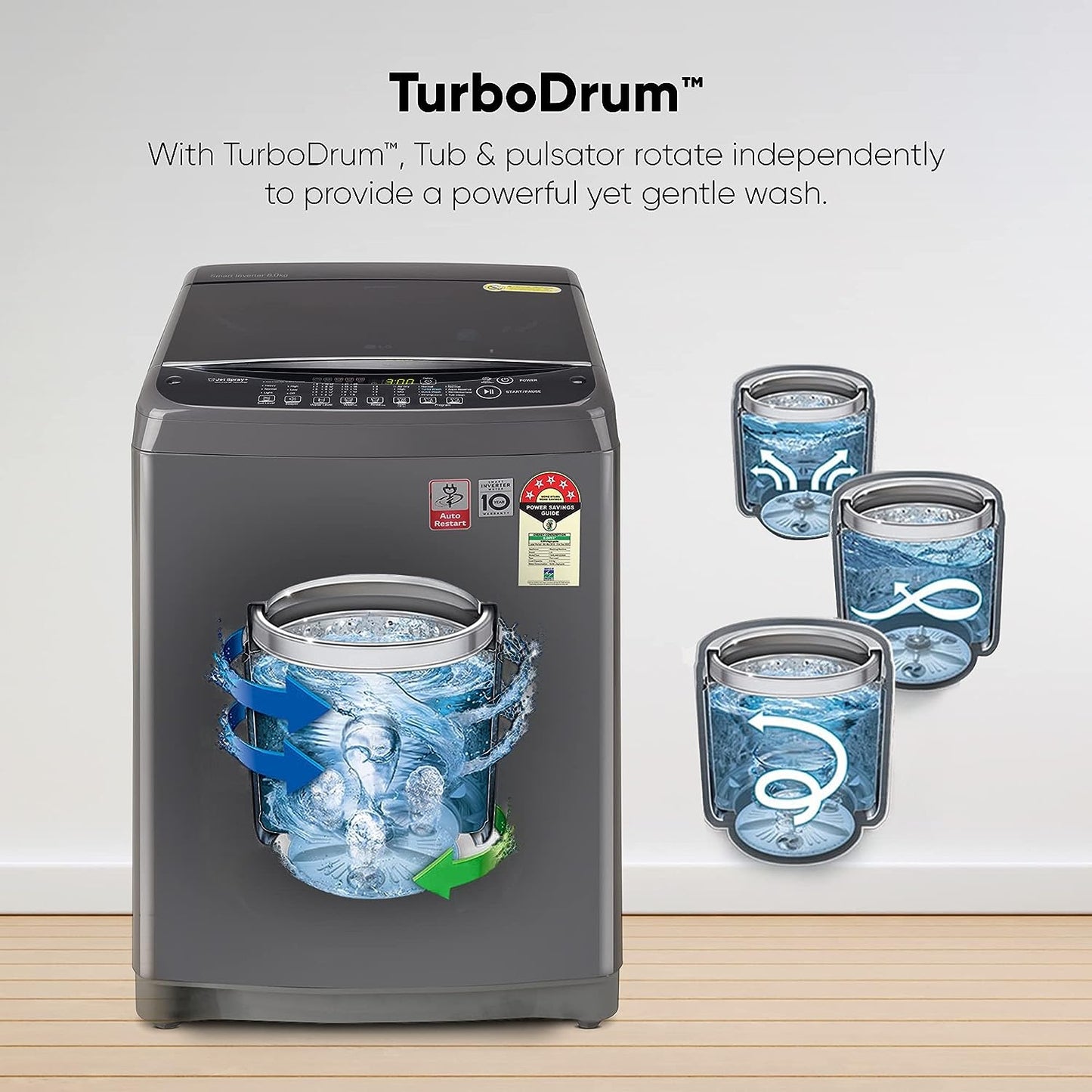LG T80AJMB1Z 8 Kg 5 Star Inverter Fully Automatic Top Load Washing Machine with TurboDrum, Jet Spray+, Smart Closing Door – Middle Black