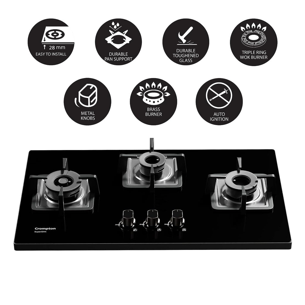 Crompton TAB-SUHB783-MBL SuperSlim Hobs HalfBrass 78cm 3 Burners Midnight Black