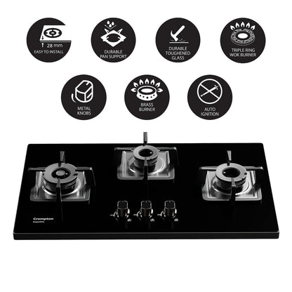 Crompton TAB-SUHB783-MBL SuperSlim Hobs HalfBrass 78cm 3 Burners Midnight Black