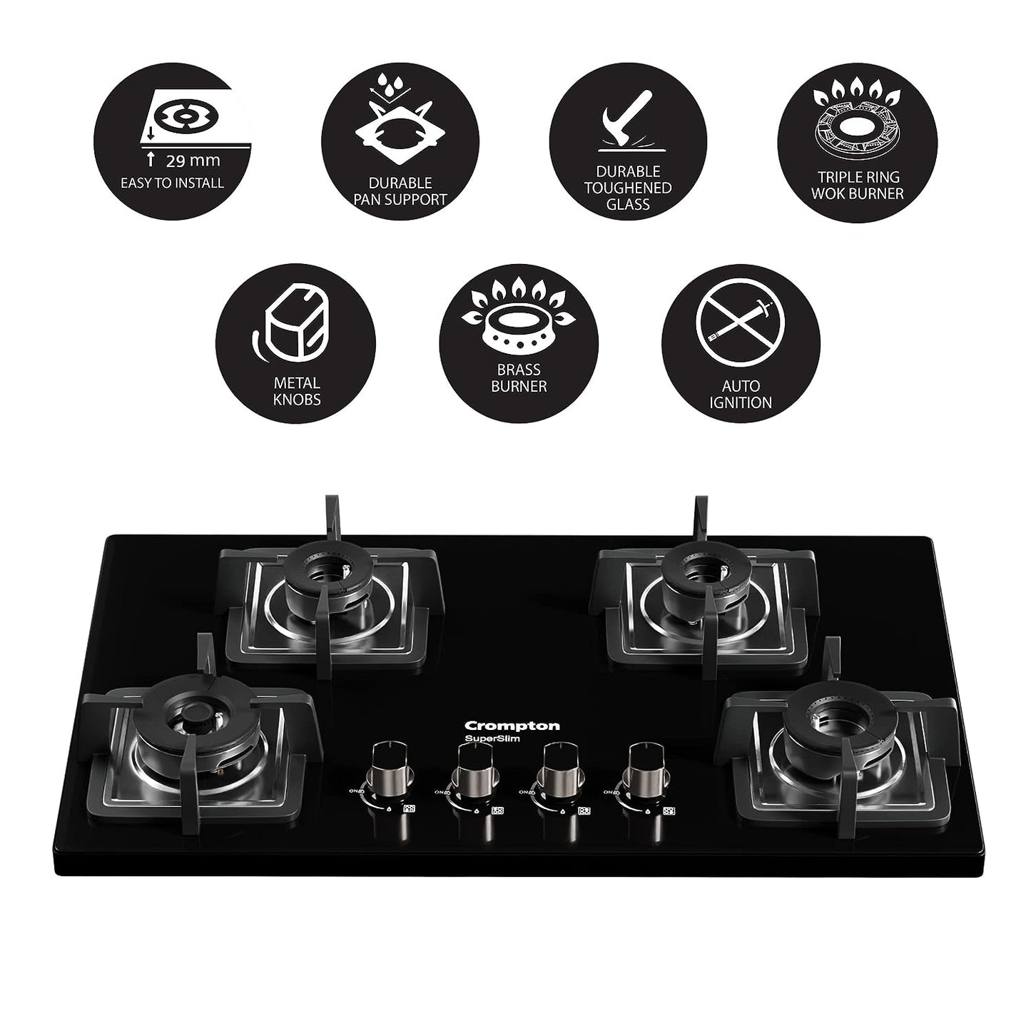 Crompton SuperSlim TAB-SUHB784-MBL 78 cm 4-Burner Hob | Half Brass Burners | Auto Ignition | Toughened Glass | Suraj Electronics Delhi NCR
