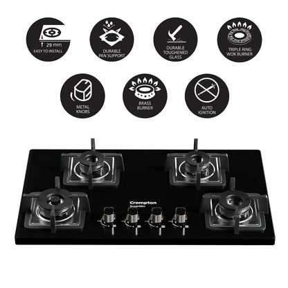Crompton SuperSlim TAB-SUHB784-MBL 78 cm 4-Burner Hob | Half Brass Burners | Auto Ignition | Toughened Glass | Suraj Electronics Delhi NCR