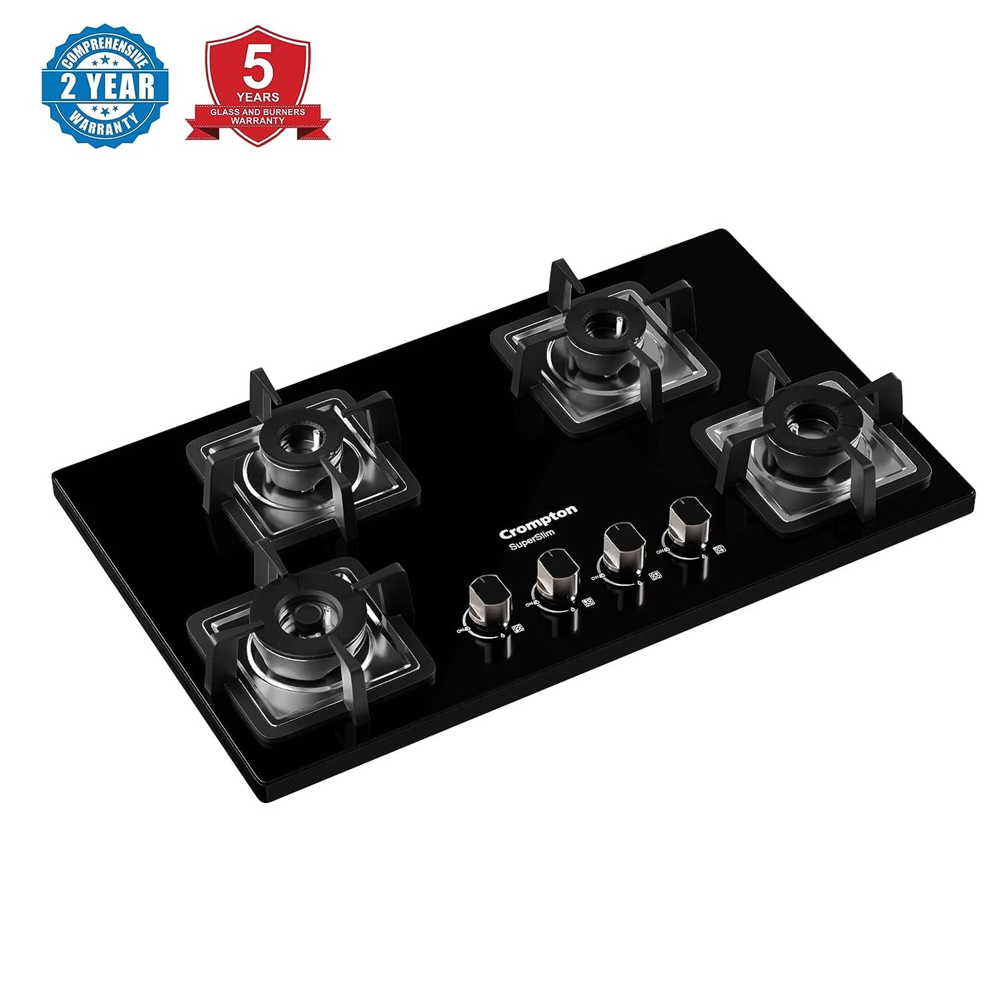Crompton SuperSlim TAB-SUHB784-MBL 78 cm 4-Burner Hob | Half Brass Burners | Auto Ignition | Toughened Glass | Suraj Electronics Delhi NCR