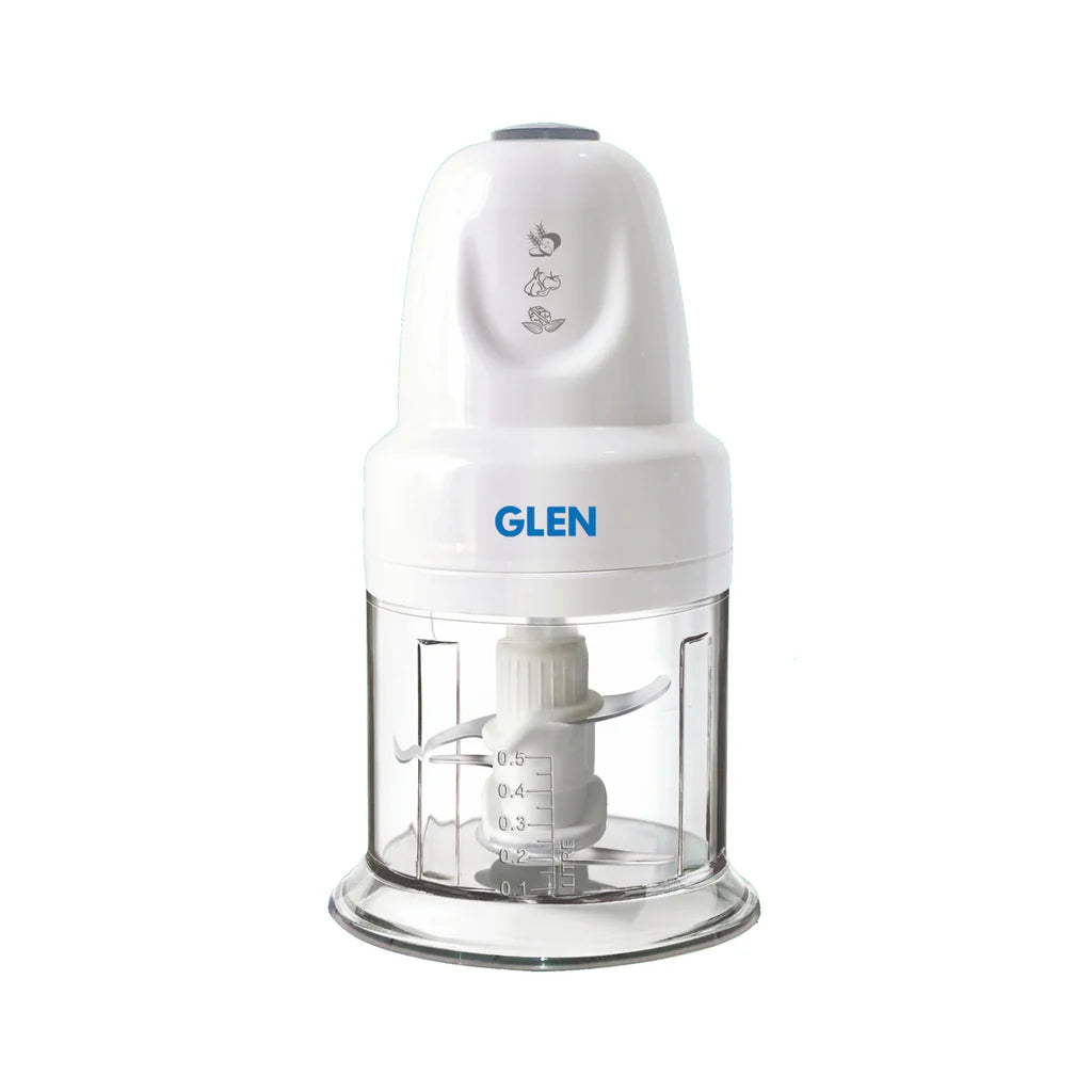 Glen SA4043 TURBO 200W Mini Vegetable Chopper with Twin Stainless Steel Blades, Whisker Disc & 500ml Bowl – White | ISI Certified | 2 Year Warranty