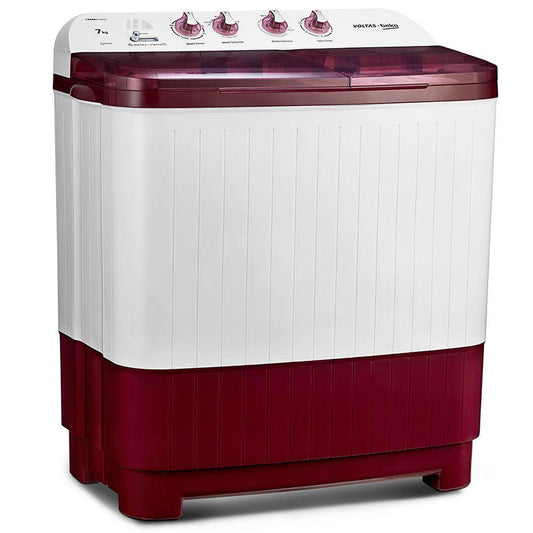 Voltas Beko WTT70DBRT 7 Kg 5 Star Semi Automatic Top Load Washing Machine | Special Pulsator, Fast Dry, Double Waterfall | White & Burgundy | Buy at Suraj Electronics