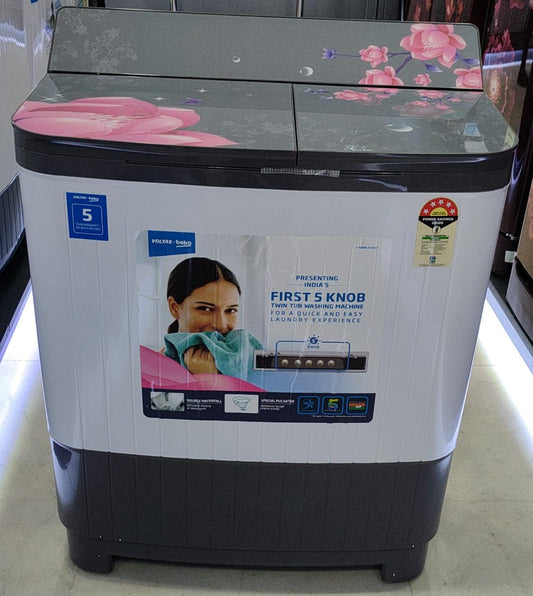 Voltas Beko WTT80DGRG/FLRB5 8 Kg 5 Star Semi Automatic Top Load Washing Machine | Double Waterfall | Glass Lid | IPX4 Control | Suraj Electronics Delhi NCR