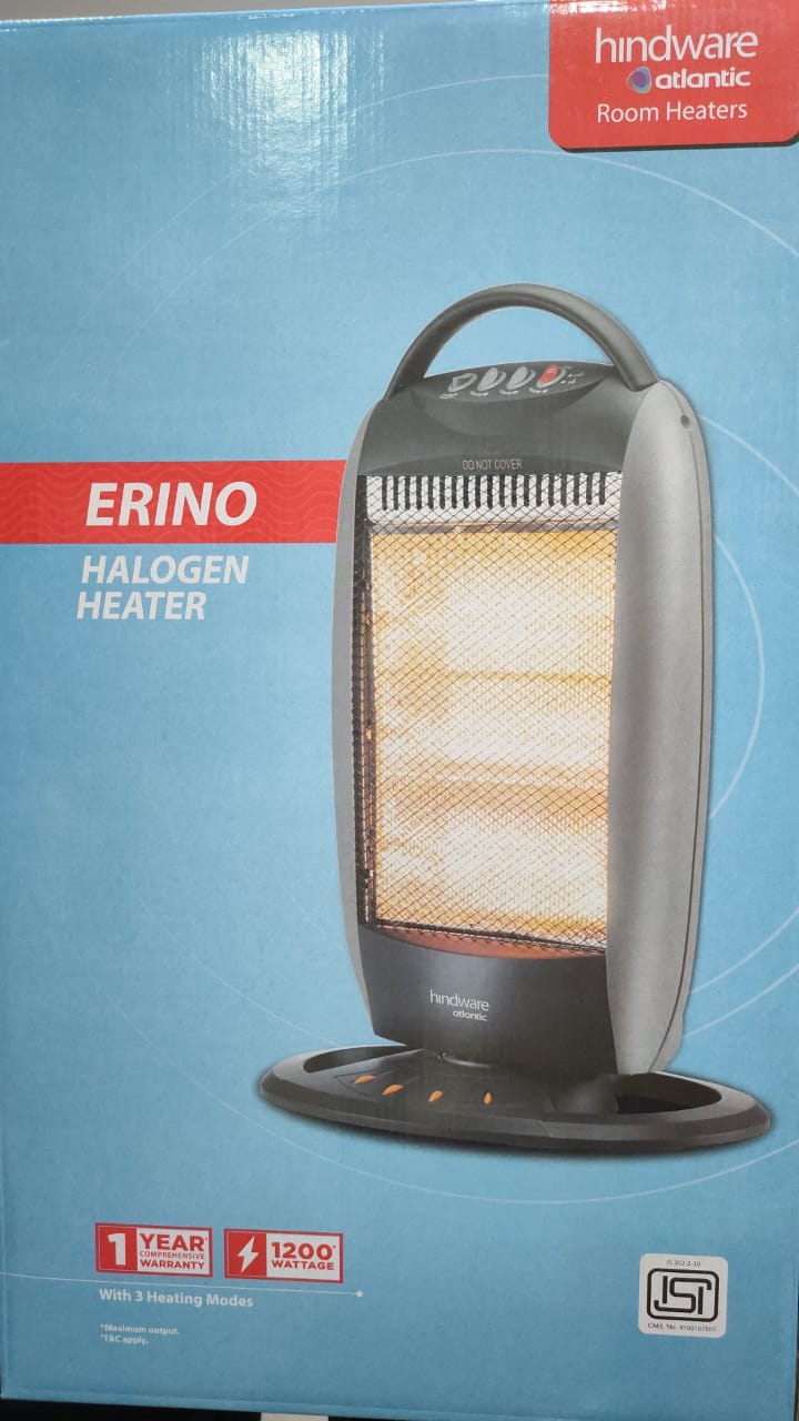 Hindware Atlantic Erino 1200W Halogen Room Heater (HHRHEN21GNL1, Grey) with 3 Heat Settings, Tip-Over Safety & Wide Angle Oscillation
