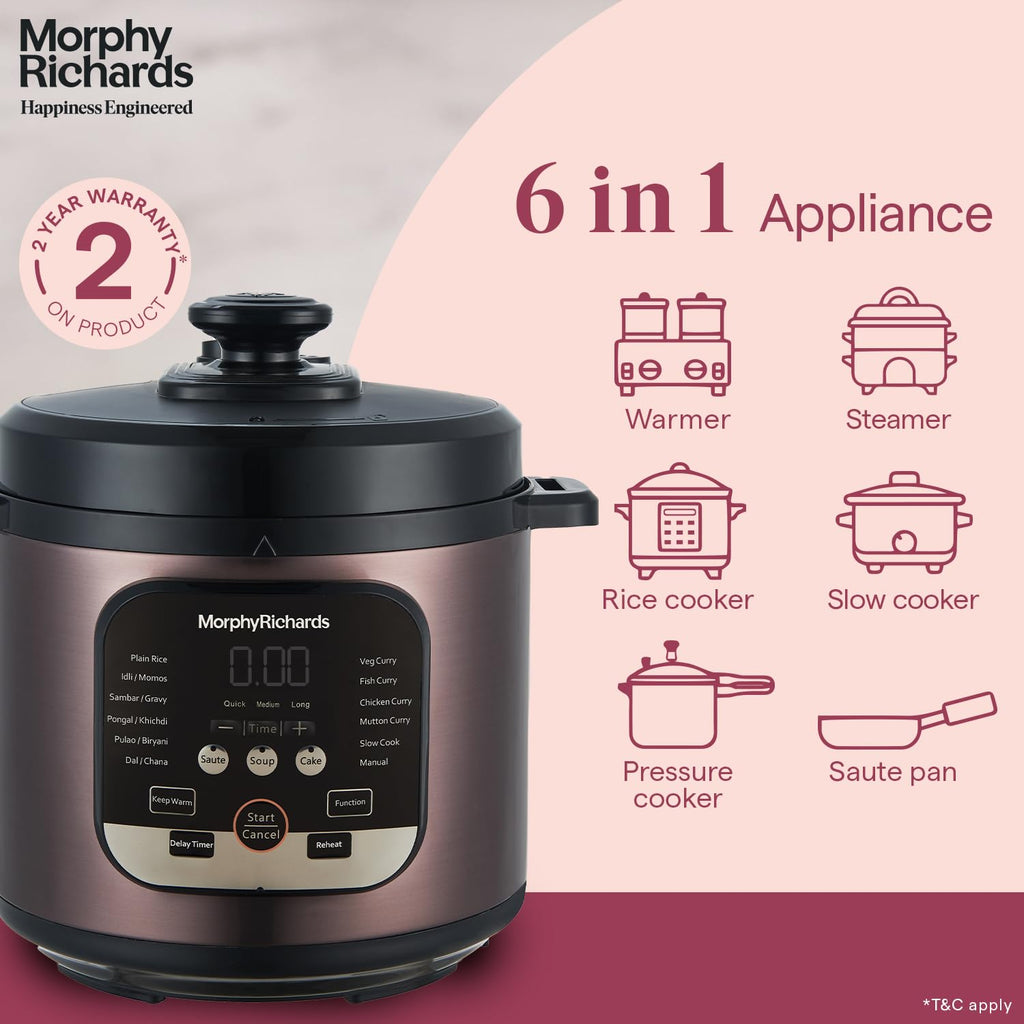 Morphy Richards WizPot 6L Electric Pressure Cooker (1000W, 14 Presets, Indian Cooking, Automatic Shut-Off, Metallic Brown) – Fast & Energy-Efficient | 2-Year Warranty