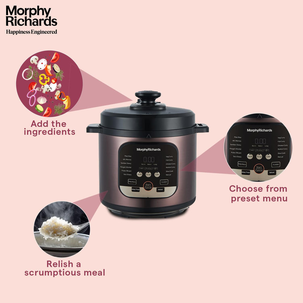 Morphy Richards WizPot 6L Electric Pressure Cooker (1000W, 14 Presets, Indian Cooking, Automatic Shut-Off, Metallic Brown) – Fast & Energy-Efficient | 2-Year Warranty