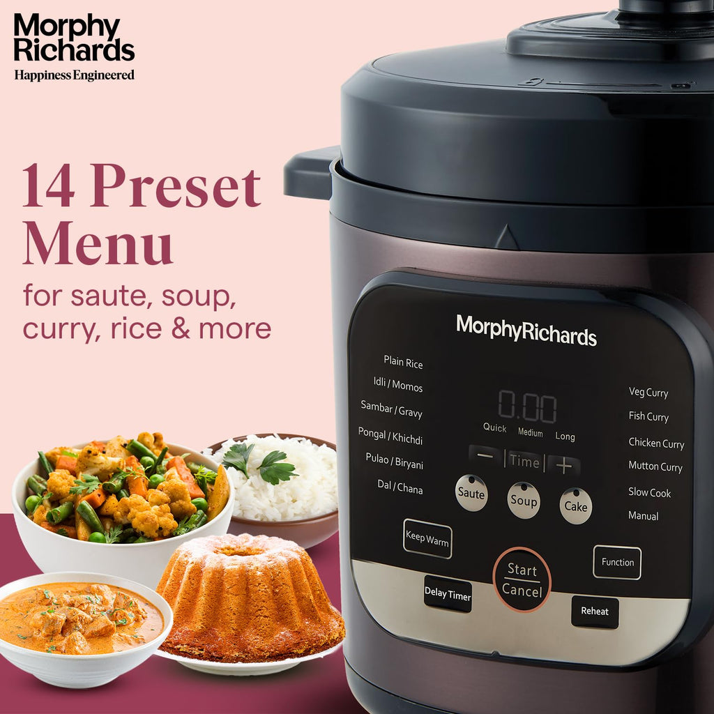 Morphy Richards WizPot 6L Electric Pressure Cooker (1000W, 14 Presets, Indian Cooking, Automatic Shut-Off, Metallic Brown) – Fast & Energy-Efficient | 2-Year Warranty