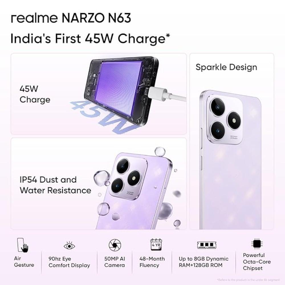 Realme Narzo N63 64 GB, 4 GB RAM, Twilight Purple, Mobile Phone