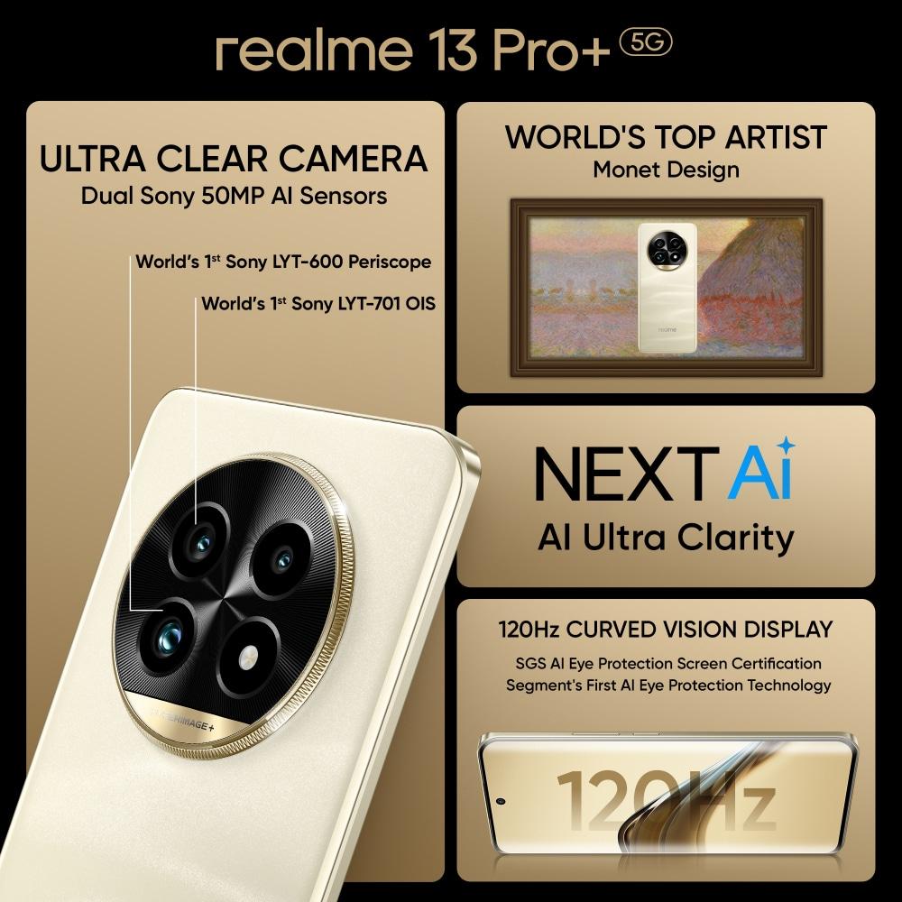 Realme 13 Pro+ 5G 512 GB, 12 GB RAM, Monet Gold, Mobile Phone