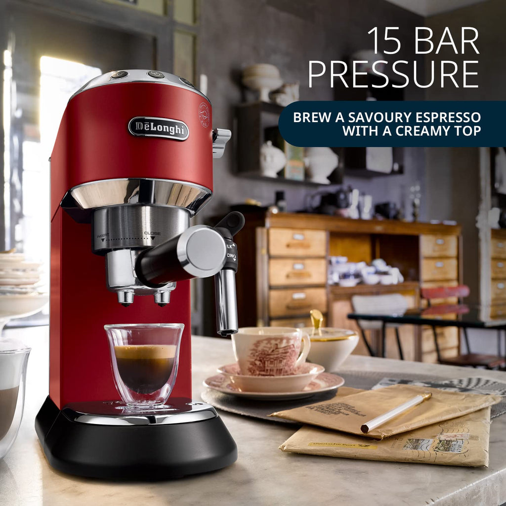 DeLonghi EC685.R 15 Bar Pump Espresso Coffee Machine (1350W, Thermoblock, Milk Frother, Compact Design, Red) – Barista-Style Coffee at Home