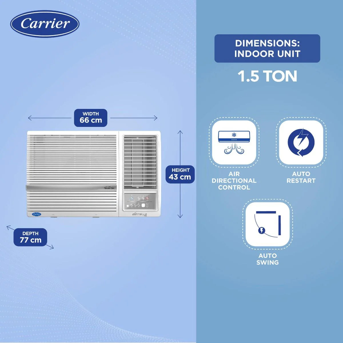 Carrier 18k ESTRELLA EXI 1.5 Ton 5 Star inverter Window AC 2024 Copper, White CIW18EC5R32F0