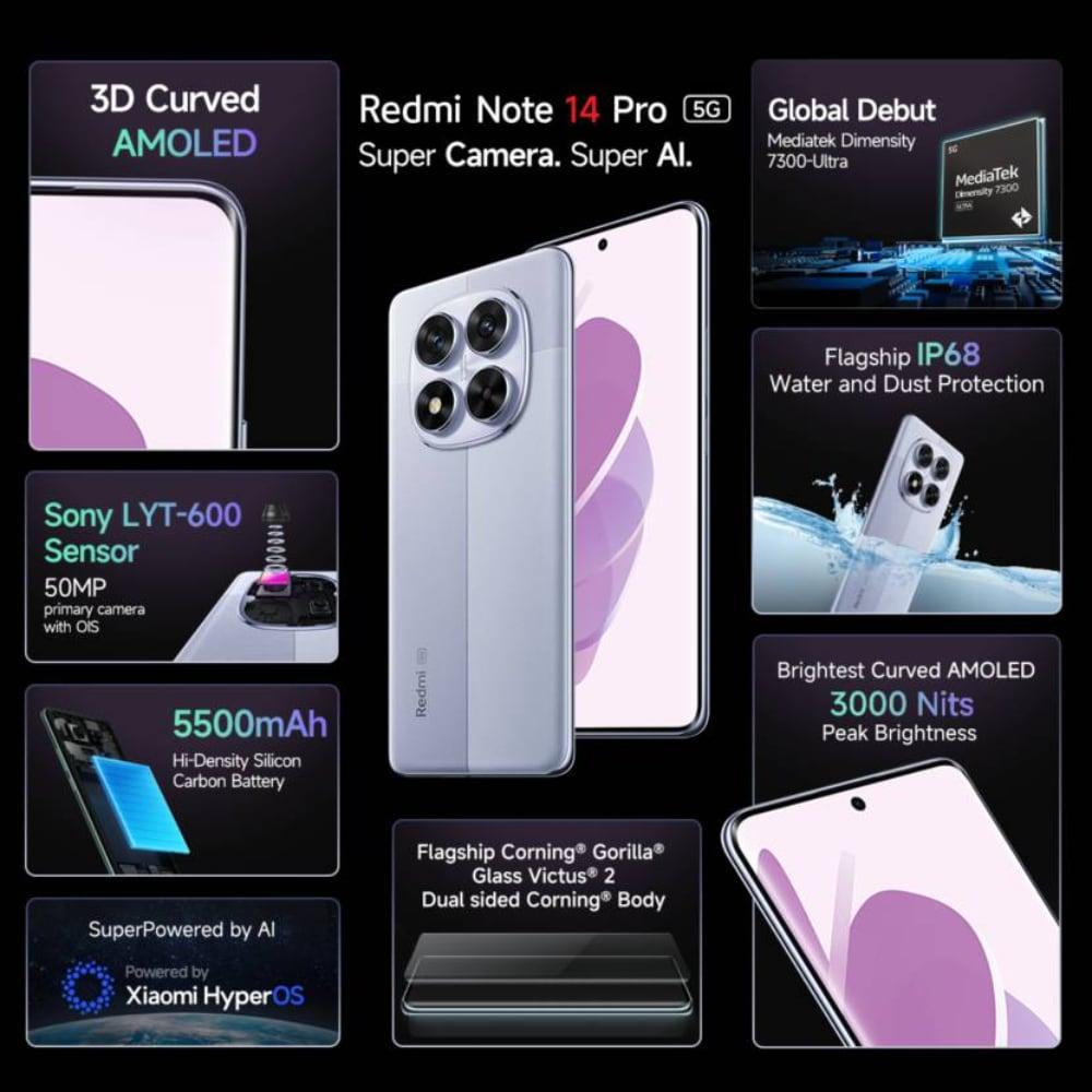 Redmi Note 14 Pro 5G 128 GB, 8 GB RAM, Purple, Mobile Phone