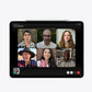 A black tablet device shown from the front on a light gray background, with a video call interface displaying six participants on screen.