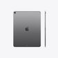 A dark gray Apple iPad shown from the back with a slim side profile view, centered on a light gray background.