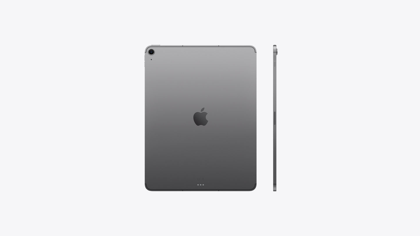A dark gray Apple iPad shown from the back with a slim side profile view, centered on a light gray background.