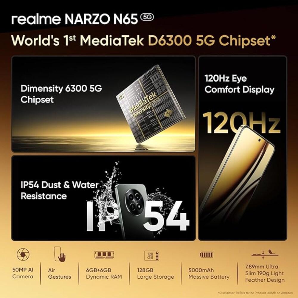 Realme Narzo N65 5G 128 GB, 6 GB RAM, Amber Gold, Mobile Phone